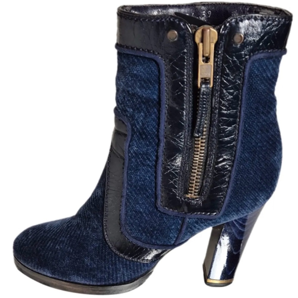 Stella McCartney Patent Leather and courduroy Ankle Boots High Heel and Zipper